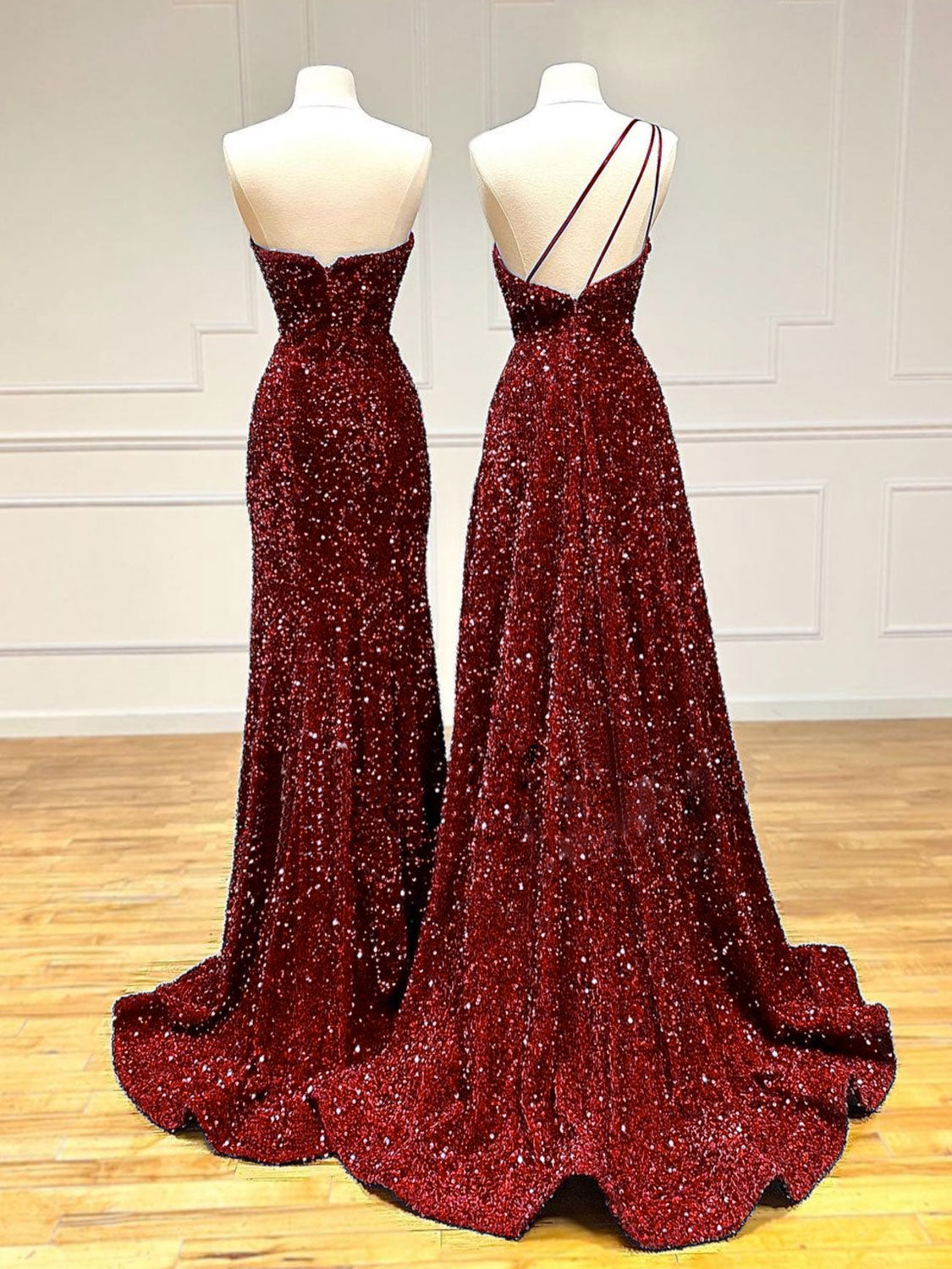 Velvet Sequin Mermaid Burgundy Long Prom Dress, Burgundy Formal Evenin