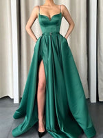 Simple Green Satin Long Prom Dresses, Green Formal Evening Dresses