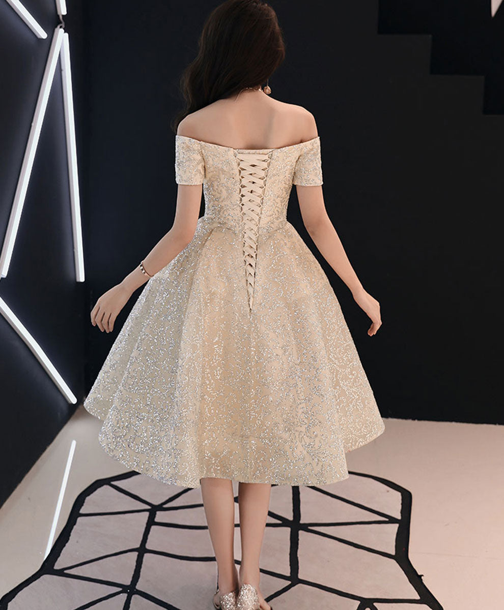 Champagne Sweetheart Tulle Sequin Prom Dress, Champagne Homecoming Dress