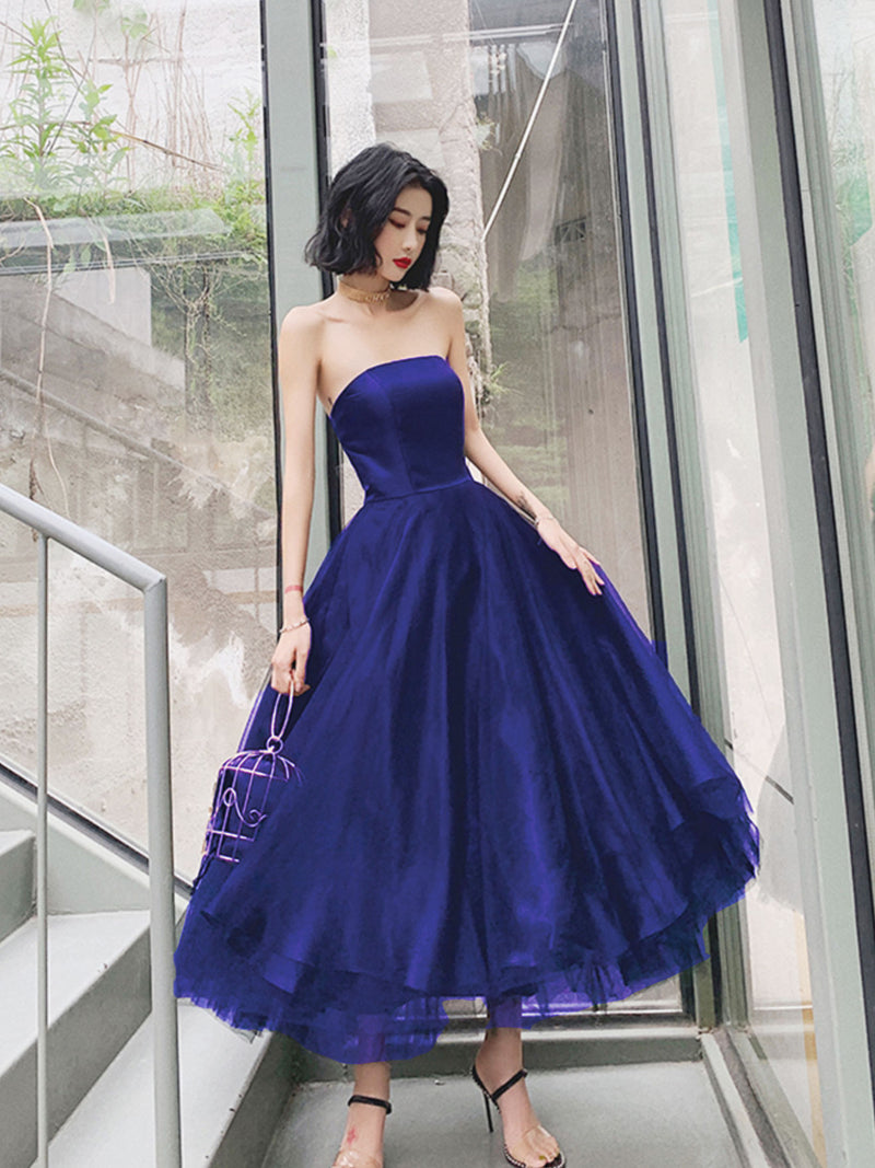 Simple Blue Tulle Tea Length Prom Dress, Tulle Homecoming Dresses