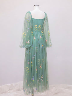Green A-line Sweetheart Green Tulle Lace Long Prom Dress