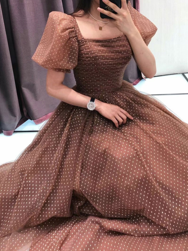 Elegant Retro Brown Tea Length Tulle Prom Dress, Puffy Homecoming Dres shopluu Elegant Retro Brown Tea Length Tulle Prom Dress, Puffy Homecoming Dres shopluu