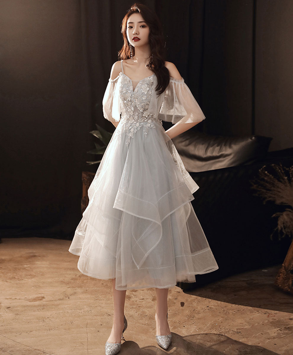 Gray Sweetheart Tulle Lace Short Prom Dress Gray Homecoming Dress