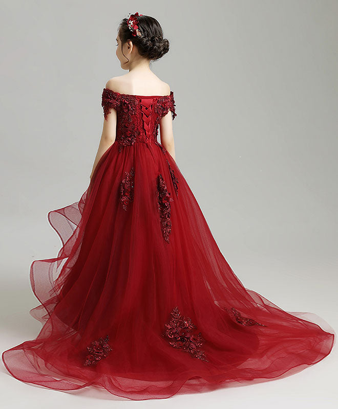 Flower Girl Dress Dark Floral Burgundy High Low Tulle Lace Flower