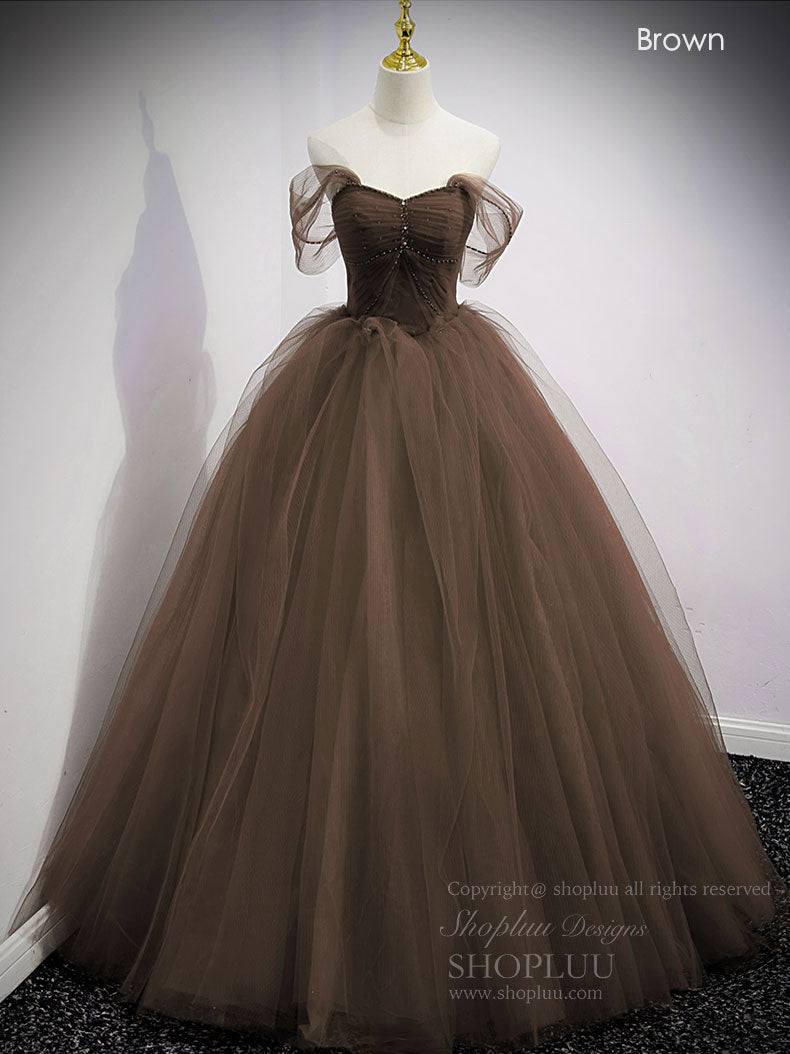A-Line Sweetheart Off Shoulder Lace Long Prom Dress, Tulle Formal Dresses