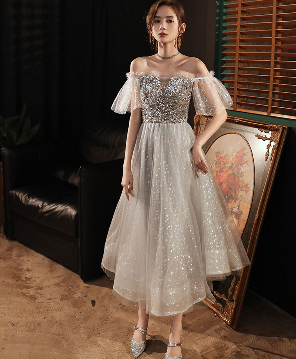 Gray Tulle Sequin Short Prom Dress Gray Homecoming Dress