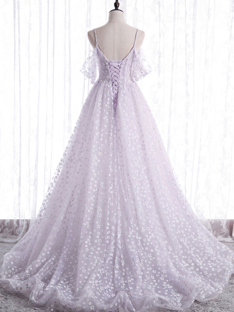 Purple tulle off shoulder long prom dress, purple evening dress