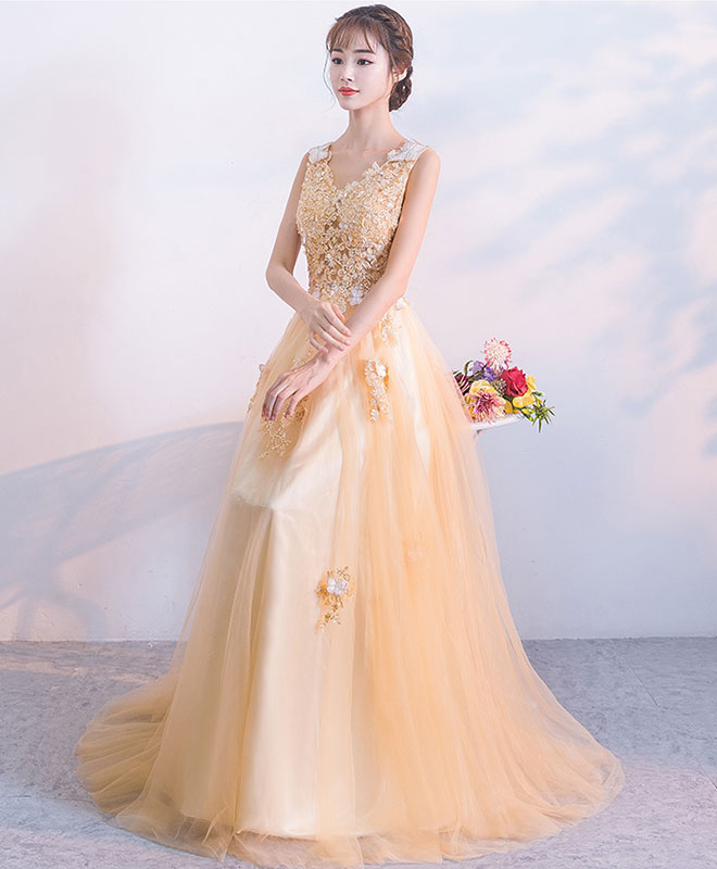 Champagne Tulle Lace Long Prom Dress. Champagne Tulle Evening Dress