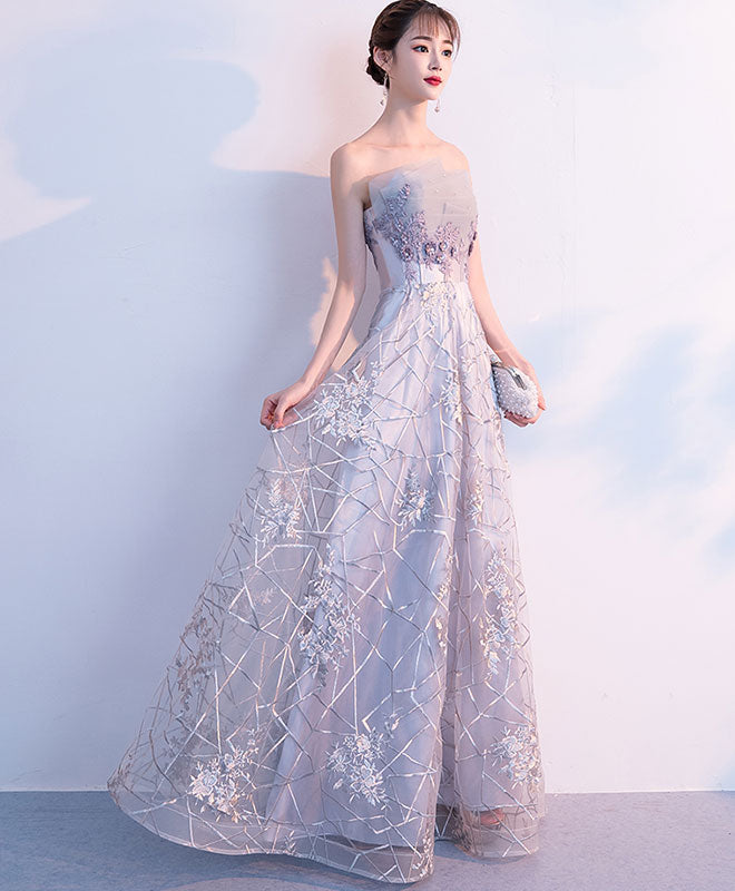 Gray Tulle Lace Long Prom Dress, Gray Tulle Evening Dress