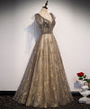 Elegant V Neck Gray Gold Tulle Lace Long Prom Dress Tulle Formal Dress