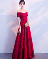 Burgundy Lace Long Prom Dress, Burgundy Lace Evening Dress