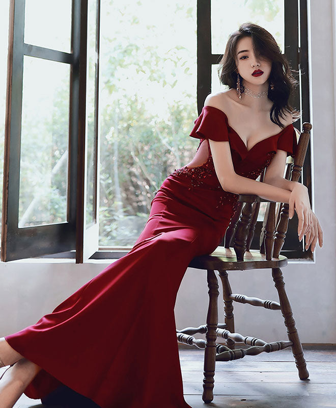 Burgundy Off Shoulder Mermaid Long Prom Dress Burgundy Evening Dress US 12 / Custom Color Burgundy Off Shoulder Mermaid Long Prom Dress Burgundy Evening Dress US 12 / Custom Color