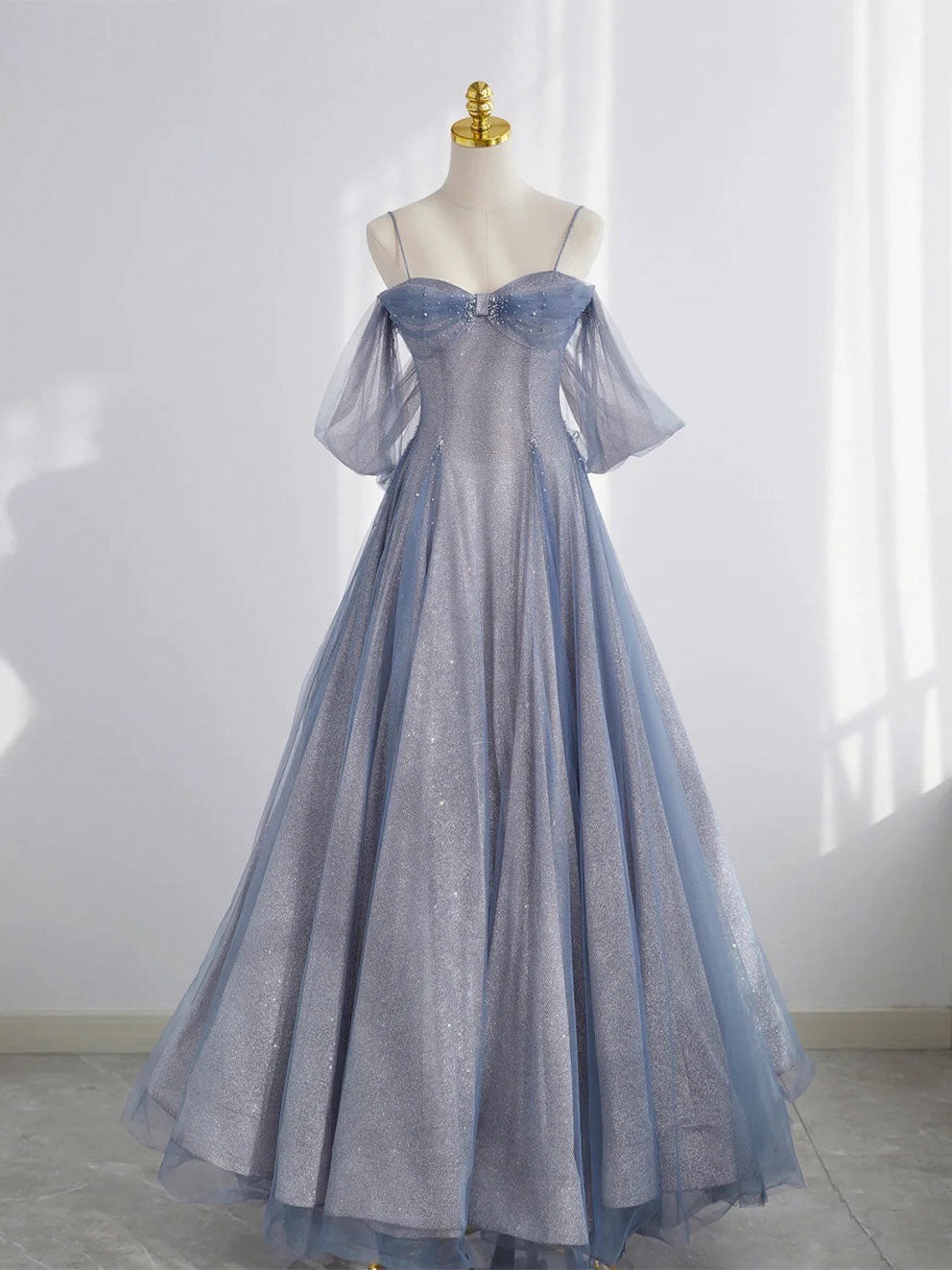 Gray Blue Tulle Tea Length Prom Dress, Blue A line Formal Dresses – shopluu