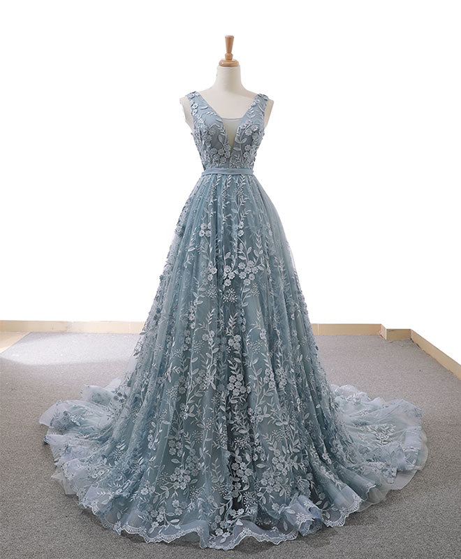 Gray Blue Tulle Lace Long Prom Dress Gray Blue Lace Evening Dress