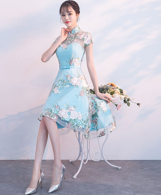 A-Line Blue Tulle Embroidery Short Prom Dress, Blue Evening Dress