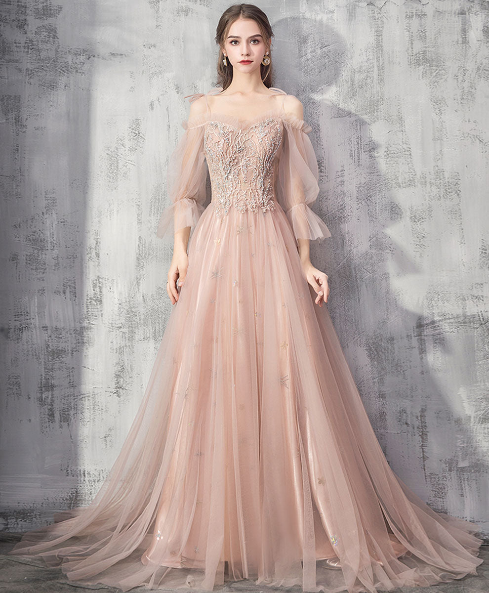 Champagne Tulle Lace Long Prom Dress Champagne Tulle Formal Dress