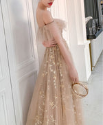 Champagne Round Neck Tulle Lace Long Prom Dress Tulle Evening Dress