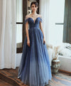 Blue Tulle Off Shoulder Sequin Long Prom Dress Blue Evening Dress