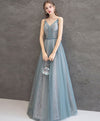 Gray Blue V Neck Tulle Long Prom Dress Gray Blue Evening Dress