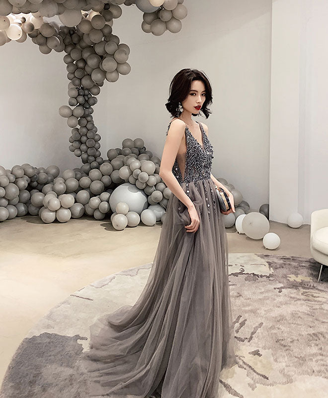 gray evening dress Maxi Long Butterfly Formal Prom EN3901 Size 2 Midnight Grey Gray V Neck Tulle Beads