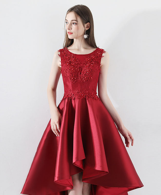 Burgundy Round Neck Lace Prom Dress, Burgundy Bridesmaid Dress
