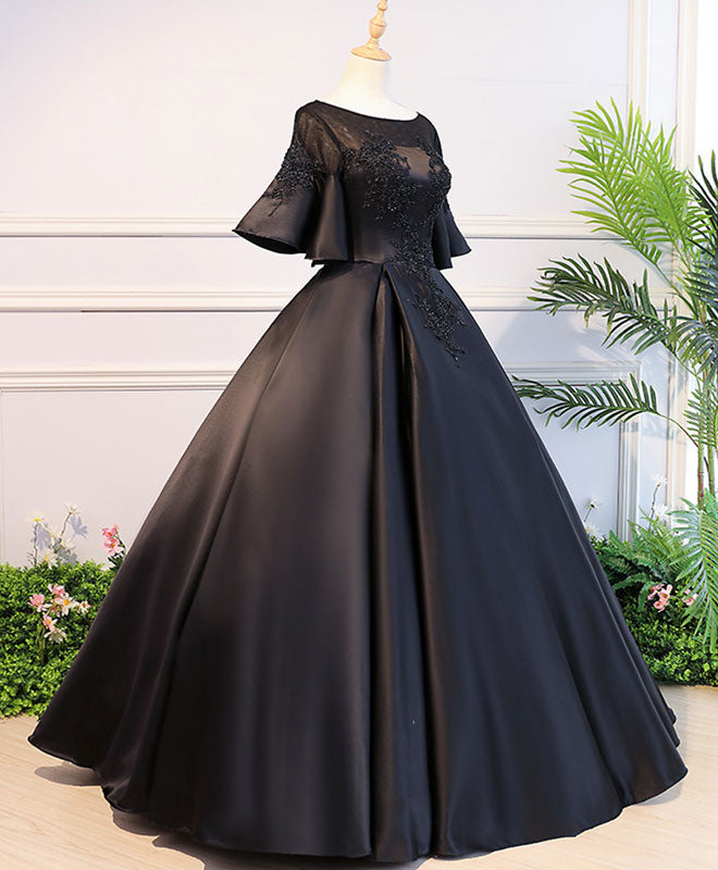 Black Round Neck Satin Lace Long Prom Dress, Sweet 16 Dress US 10 / Black Black Round Neck Satin Lace Long Prom Dress, Sweet 16 Dress US 10 / Black