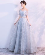 Unique Tulle Gray Long Prom Dress, Tulle Gray Evening Dress