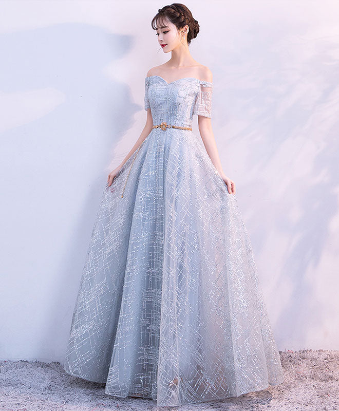Unique Tulle Gray Long Prom Dress, Tulle Gray Evening Dress