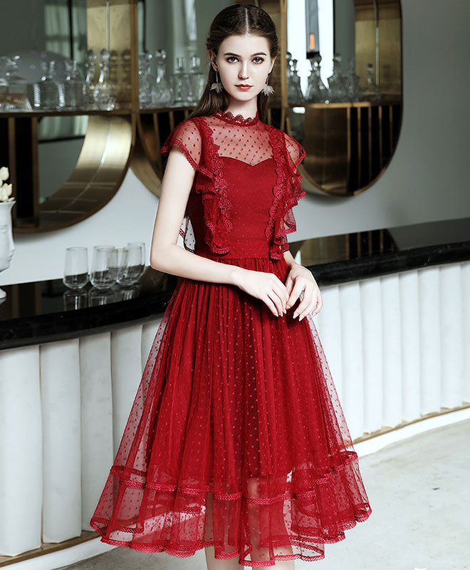 Burgundy Tulle Lace Short Prom Dress, Homecoming Dress