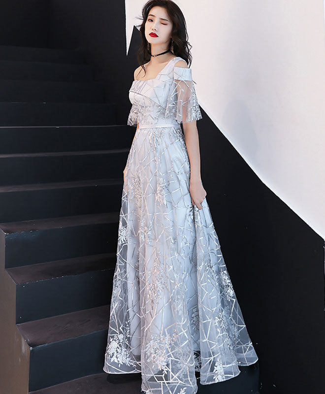 Gray Tulle Lace One Shoulder Long Prom Dress Lace Evening Dress