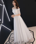 White Lace Tulle Long Prom Dress, White Tulle Lace Bridesmaid Dress