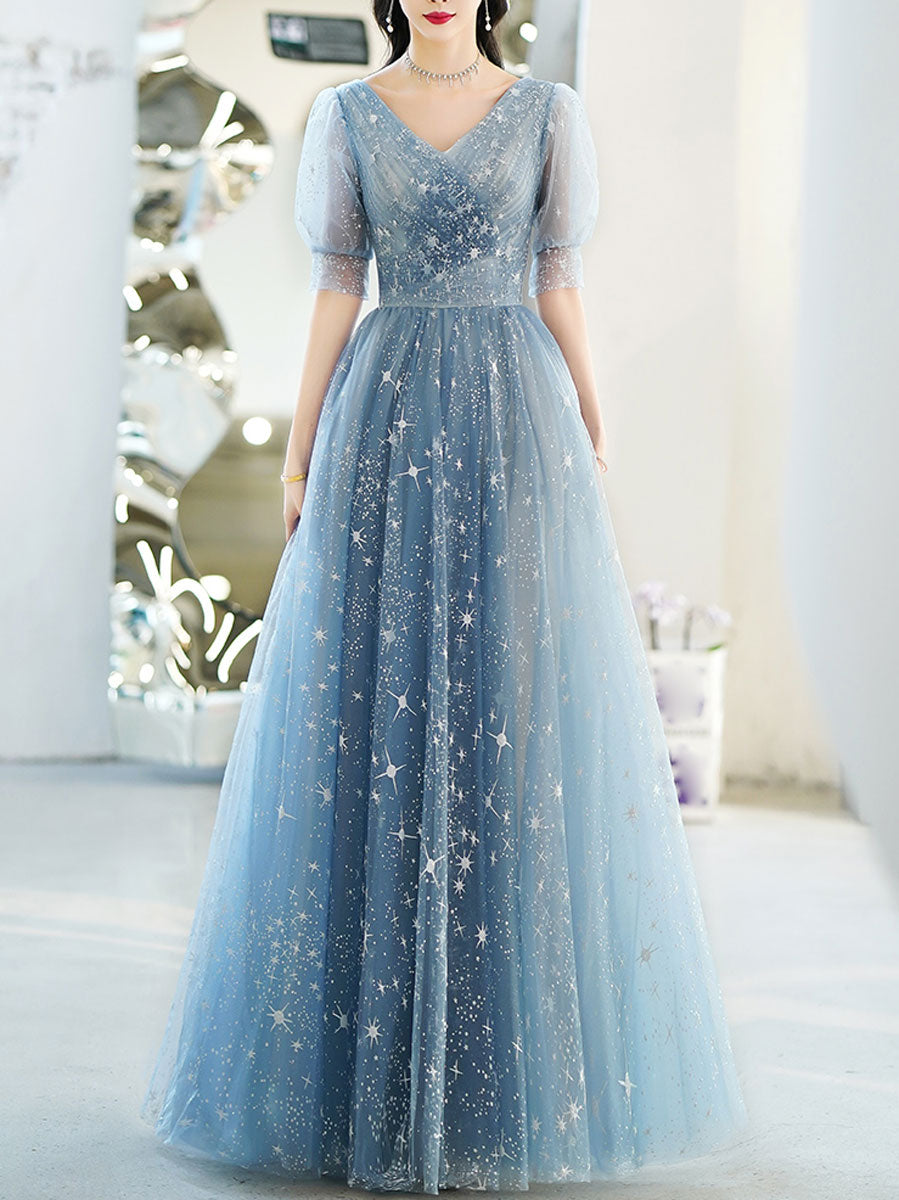 Simple V Neck Tulle Star Blue Long Prom Dress, Blue Formal Bridesmaid Dresses US 10 / Blue Simple V Neck Tulle Star Blue Long Prom Dress, Blue Formal Bridesmaid Dresses US 10 / Blue
