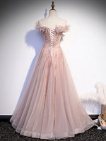 Pink Tulle Long Prom Dress, A line Pink Formal Graduation Dresses