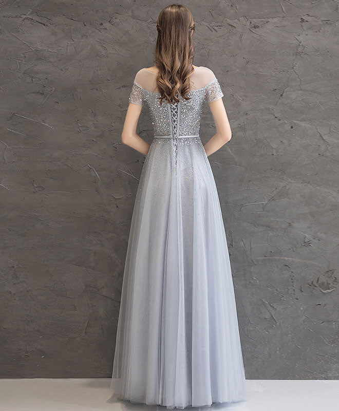 Gray Tulle Sequin Long Prom Dress, Gray Tulle Formal Dress