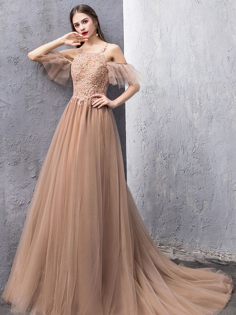 Champagne Tulle Lace Long Prom Dress, Champagne Lace Evening Dress