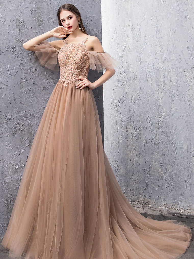 Champagne Tulle Lace Long Prom Dress, Champagne Lace Evening Dress US 6 / Champagne Champagne Tulle Lace Long Prom Dress, Champagne Lace Evening Dress US 6 / Champagne