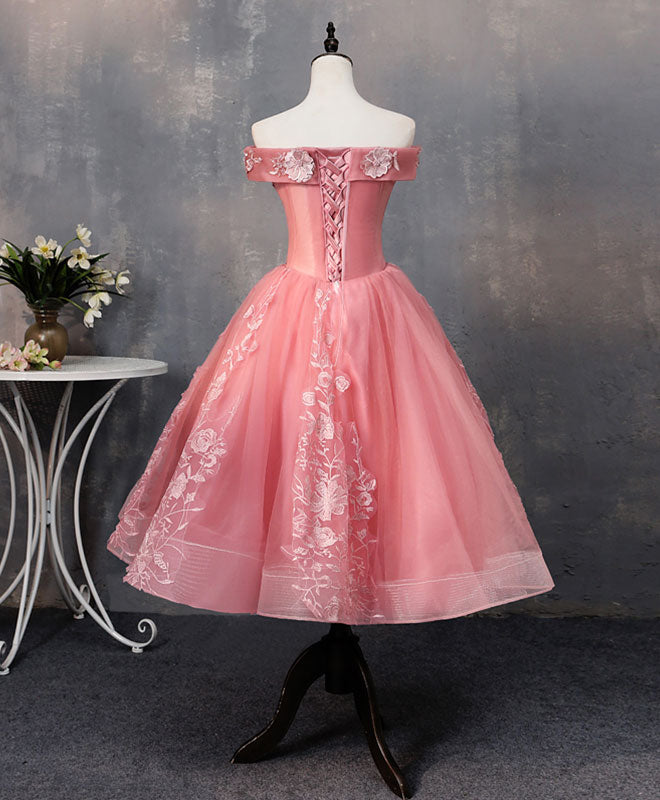 Pink Tulle Lace Off Shoulder Short Prom Dress Pink Homecoming Dress
