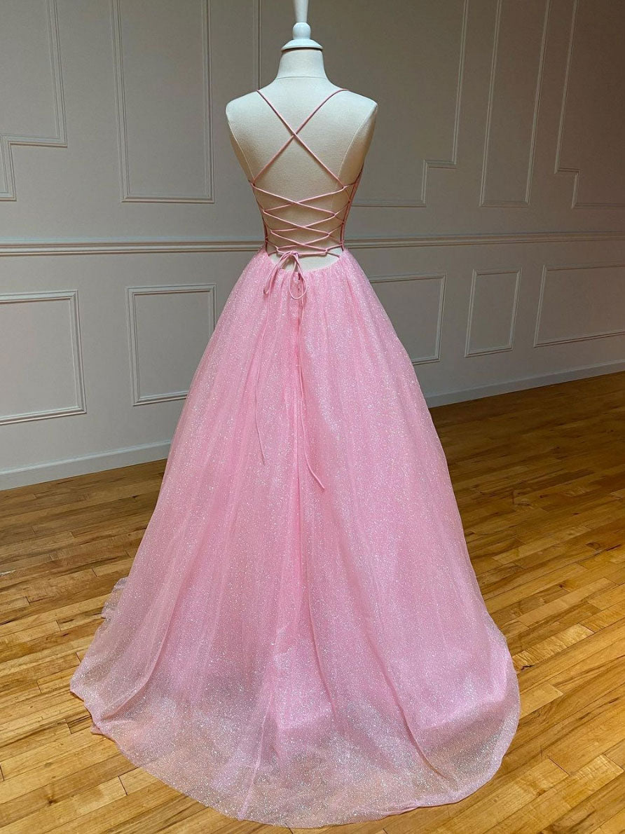 Pink V Neck Long Prom Dress, Pink A-line Sequin Tulle Evening Dress