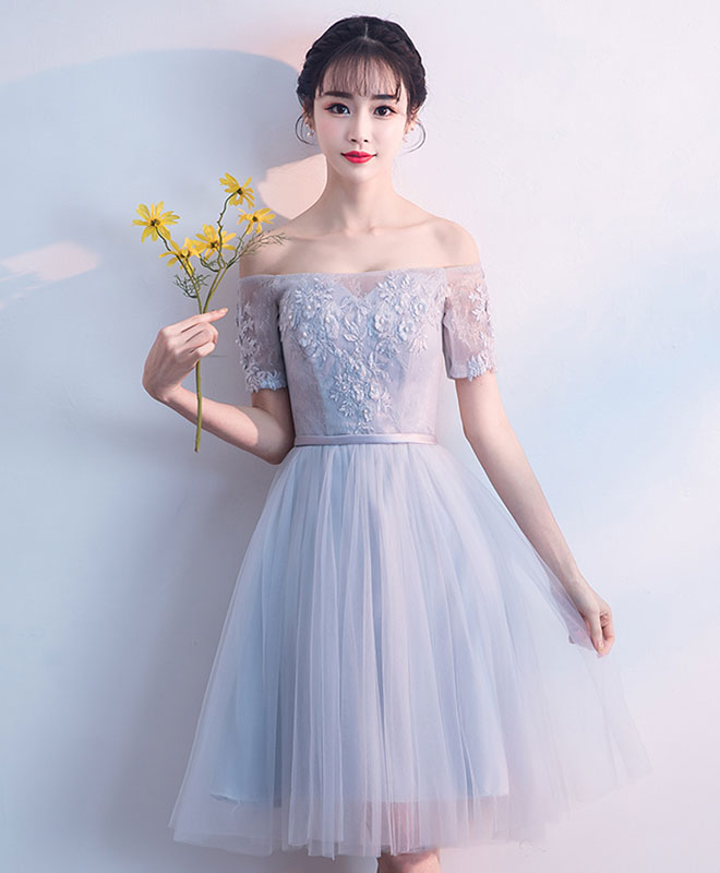 Cute Gray Tulle Lace Short Prom Dress Gray Tulle Homecoming Dress