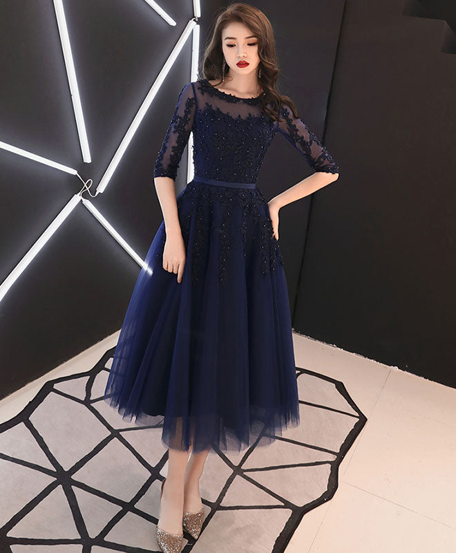 Blue Round Neck Tulle Lace Prom Dresses, Tea Length Blue Homecoming Dresses