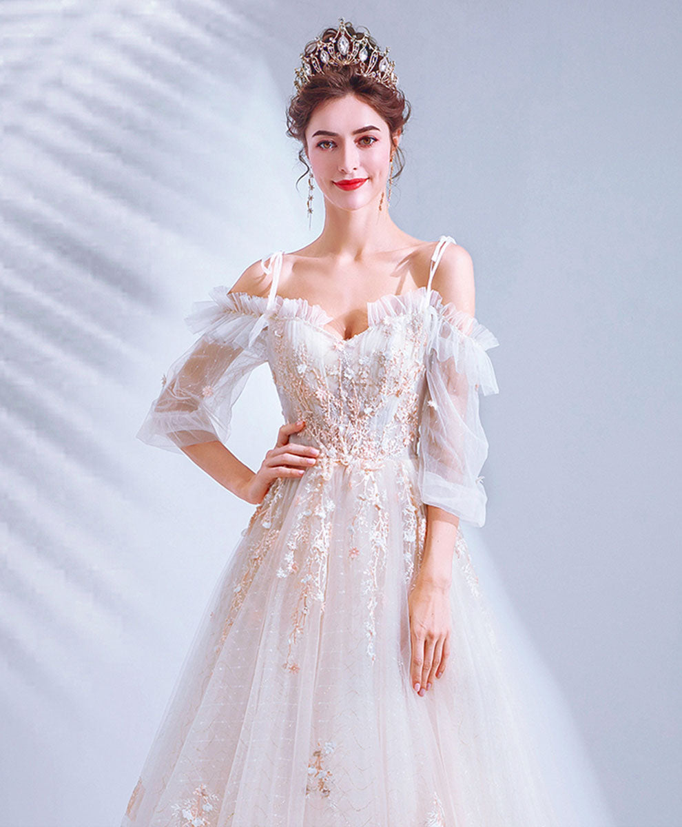 Light Pink Tulle Lace Long Prom Dress Lace Long Evening Dress