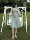 Gray Green Tulle Lace Short Prom Dresses, Gray Tulle Bridesmaid Dress