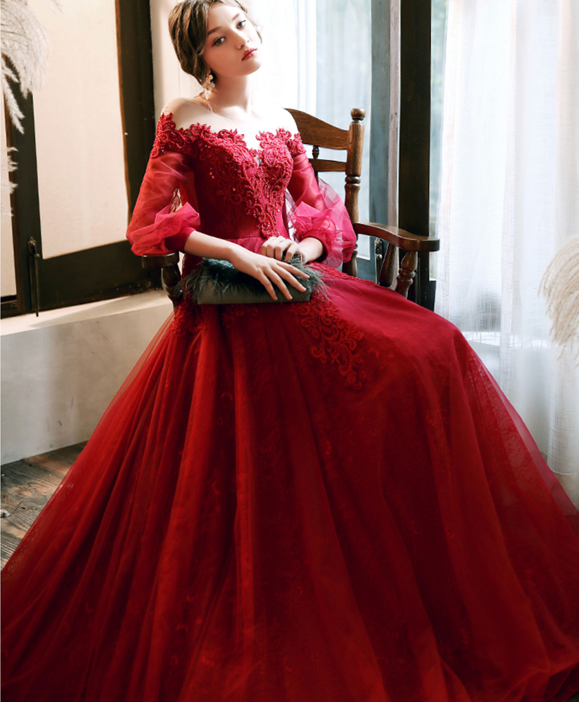 Burgundy Round Neck Tulle Beads Long Prom Dress Burgundy Evening Dress