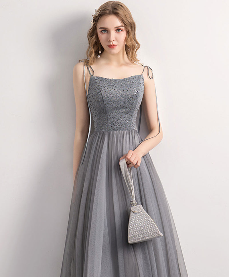 Gray Tulle Sequin Tea Length Prom Dress Gray Tulle Formal Dress