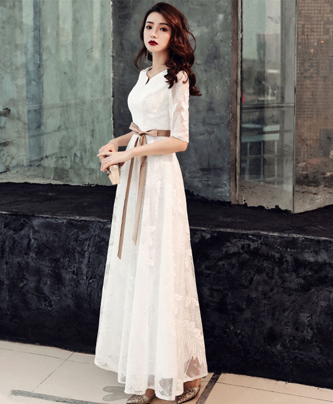 White Lace Tea Length Prom Dress White Lace Bridesmaid Dress