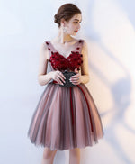 Burgundy V Neck Tulle Short Prom Dress, Tulle Evening Dress