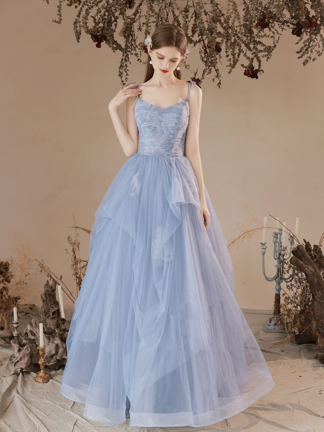 Blue Lace Long Formal Dresses