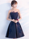 Aline Satin Lace Blue Short Prom Dress, Blue Homecoming Dress