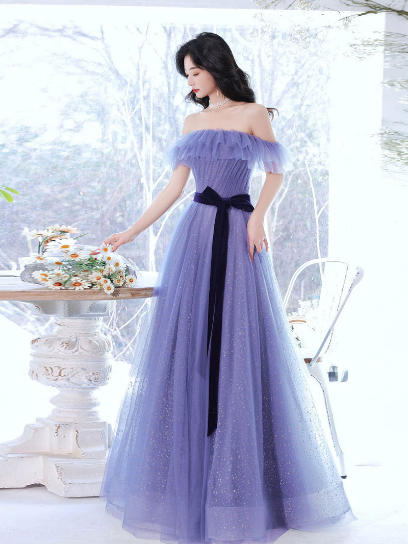 Purple A line Tulle Long Prom Dresses, Off Shoulder Formal Gown Gradua shopluu Purple A line Tulle Long Prom Dresses, Off Shoulder Formal Gown Gradua shopluu
