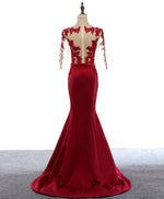 Burgundy Round Neck Lace Satin Mermaid Long Prom Dress Lace Formal Dress